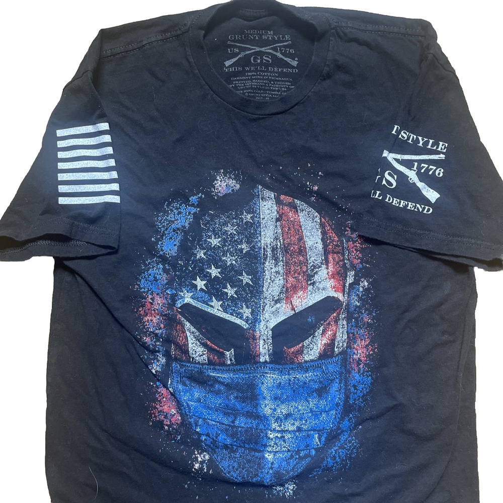 Grunt Style Mens M Black Pandemic Mask Punisher Skull Stars Stripes T-Shirt Flag